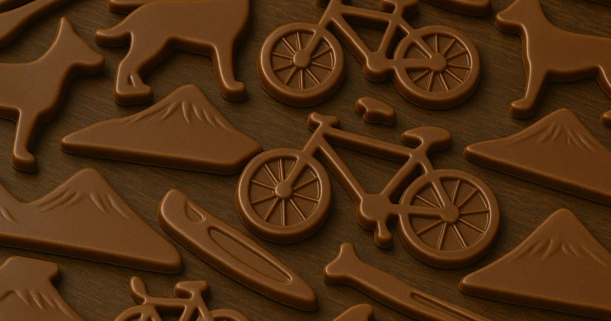 Bend Chocolate in mountain, dog, paddle board, and bike shapes